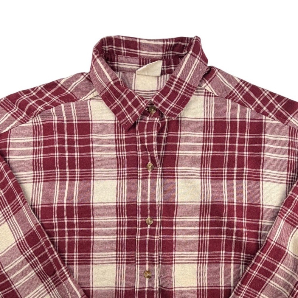 Pact Burgundy Cream Plaid Flannel Button Down Shirt Womens Medium Large M/L